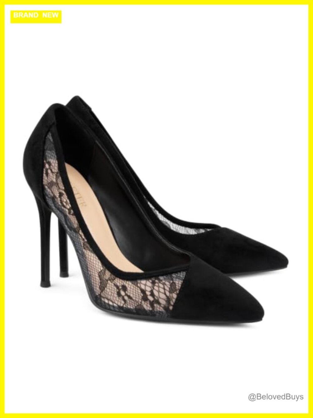 COLETER Lace Spliced Stiletto Pumps Pointed Toe Faux Leather Wedding Dress Shoes